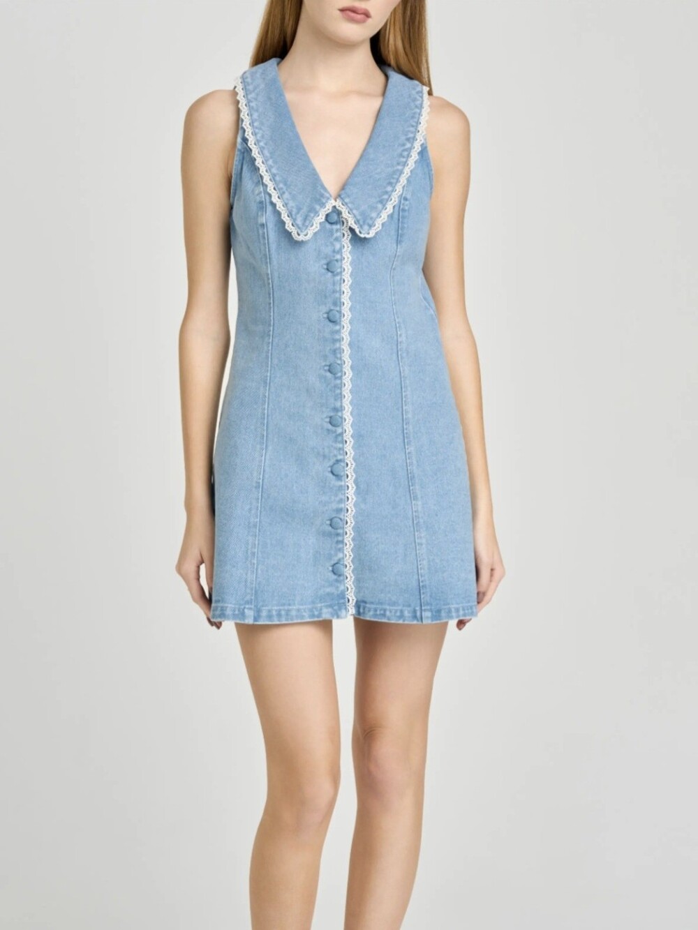 Wayf Light Blue Denim Lace-Trim Mini Dress